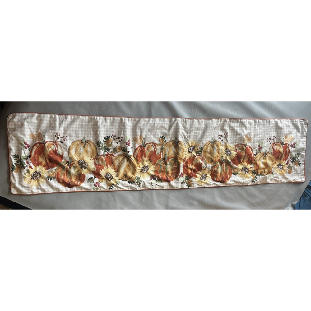 Nicole Miller Beaded Table Runner | Autumn Fall Pumpkin Sunflower| 72 x 16" Used